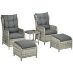 Outsunny 5 Pieces Rattan Bistro Set with Adjustable Back, Reclining Wicker Balcony Furniture with Cushions, Glass Top Coffee Table and Footstools, Outdoor Table and Chairs, Grey