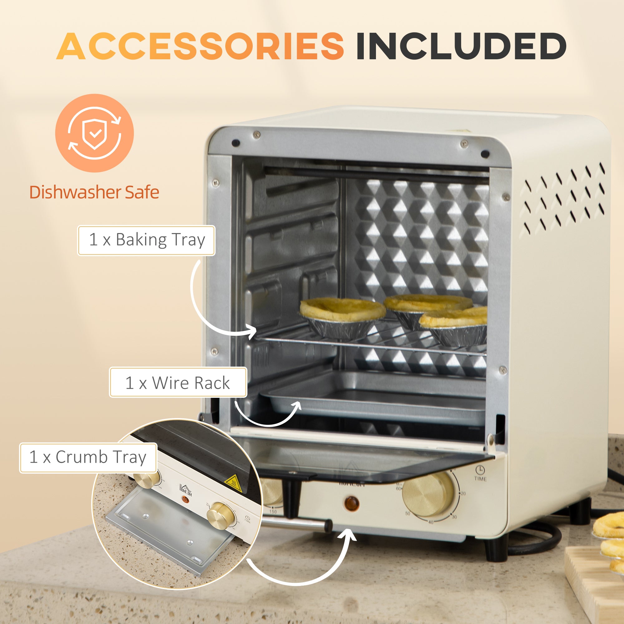 Mini Oven, 15 Litres Electric Oven and Grill with 60-230? Adjustable Temperature, 60 Minute Timer, Include Baking Tray, Wire Rack and Crumb Tray, 1000W, Cream White