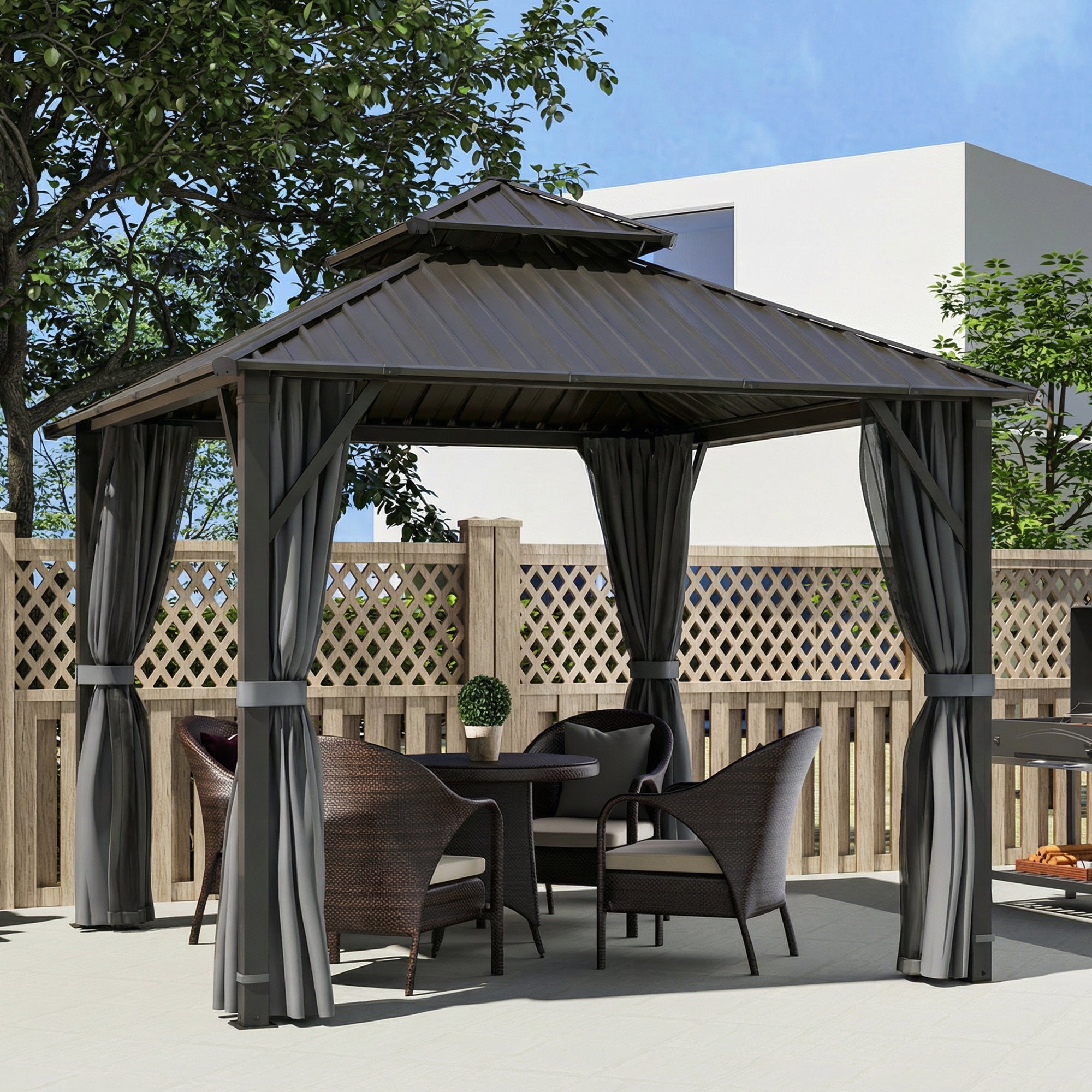 Outsunny 3 x 3(m) Hardtop Gazebo Canopy with Metal Roof, Waterproof Permanent Pavilion Garden Gazebo with Netting, Curtains, Grey