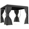 Outsunny 3 x 3 m Louvered Pergola with Adjustable Metal Louvred Roof, Aluminium Patio Gazebo with Netting and Curtains, Dark Grey