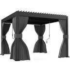 Outsunny 3 x 3 m Louvered Pergola with Adjustable Metal Louvred Roof, Aluminium Patio Gazebo with Netting and Curtains, Dark Grey