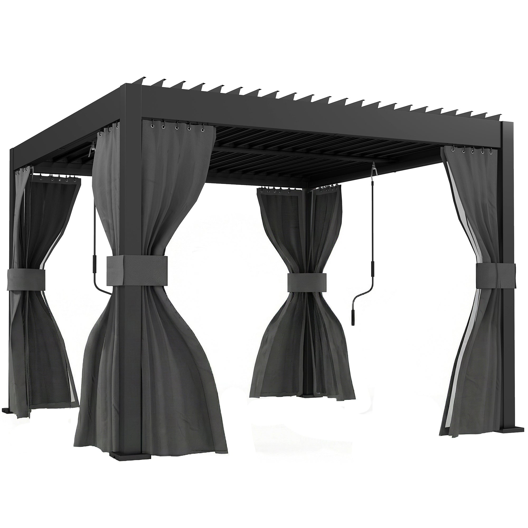 Outsunny 3 x 3 m Louvered Pergola with Adjustable Metal Louvred Roof, Aluminium Patio Gazebo with Netting and Curtains, Dark Grey
