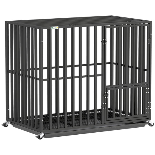 PawHut Heavy Duty Dog Crate, Dog Cage with Wheels for Small Medium Breeds, Metal Pet Kennel with Removable Tray