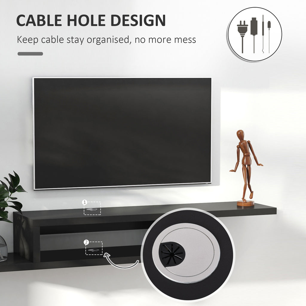 Floating TV Unit, Wall Mounted TV Stand with Open Shelf and 2 Cable Holes, Entertainment Unit for Living Room, Black