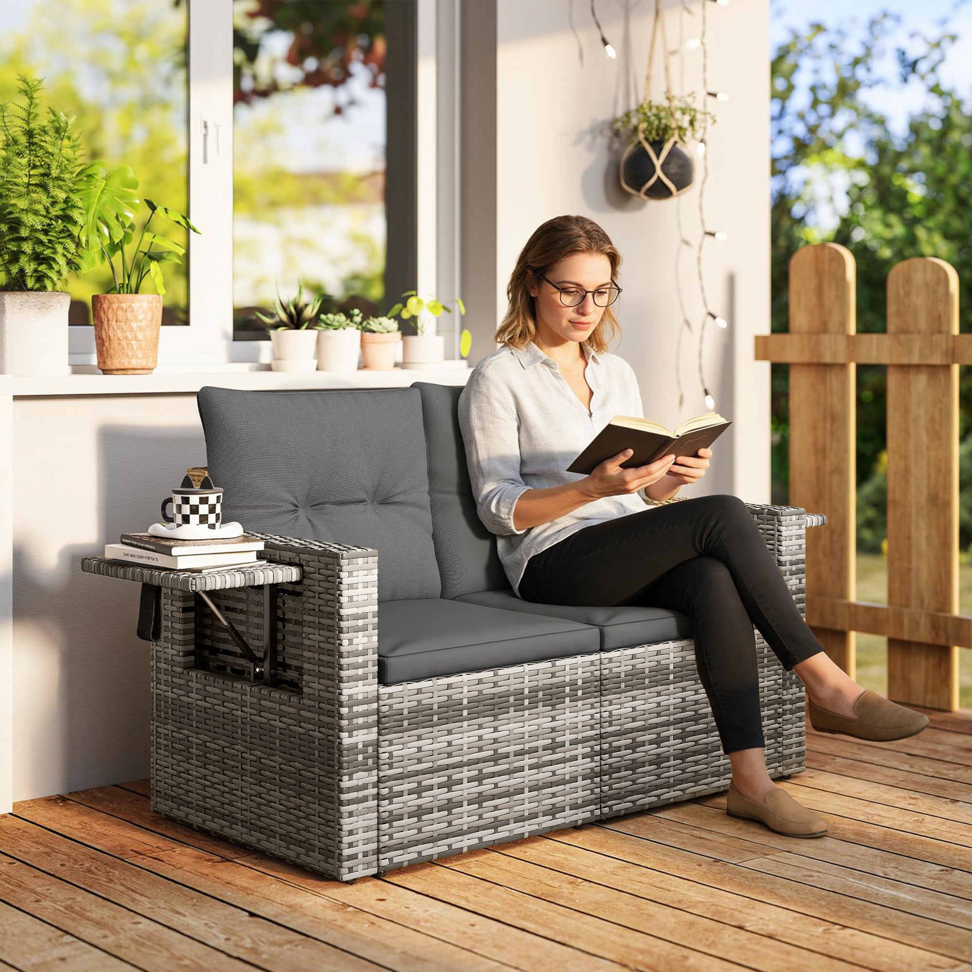 Outsunny 2 Seater Rattan Garden Sofa Outdoor Loveseat with Hidden Side Trays and Cushions for Patio Balcony, Dark Grey