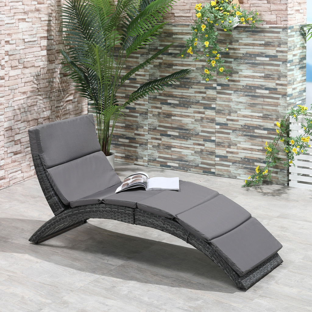 Outsunny Folding Sun Lounger, PE Rattan Garden Lounger Chair with Soft Padded Cushion, Ergonomic Curved Design Sun Bed for Balcony, Garden, Grey