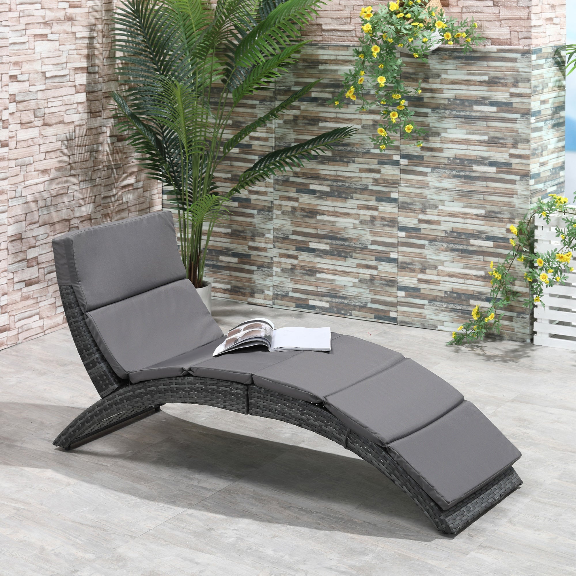 Outsunny Folding Sun Lounger, PE Rattan Garden Lounger Chair with Soft Padded Cushion, Ergonomic Curved Design Sun Bed for Balcony, Garden, Grey
