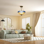 Tiffany Style Ceiling Light, Vintage Chandelier with 3 E27 Sockets, Semi Flush Mount for Living Room, Bulbs Not Included