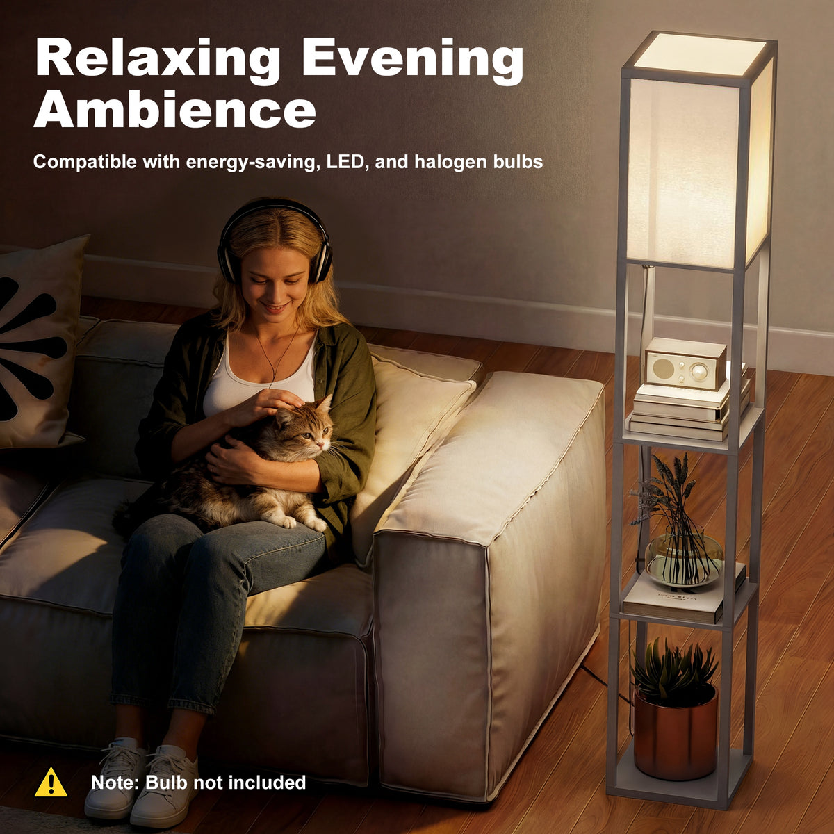 3-Tier Floor Lamp with Shelves and Storage, Modern Corner Standing Lamp with Lampshade, Reading Light with Foot Switch for Living Room, Bedroom, Home Office, Bulb not Included, Grey