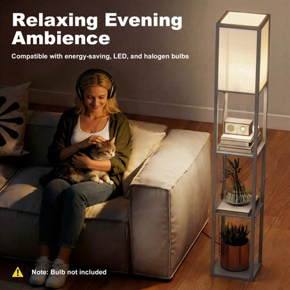 3-Tier Floor Lamp with Shelves and Storage, Modern Corner Standing Lamp with Lampshade, Reading Light with Foot Switch for Living Room, Bedroom, Home Office, Bulb not Included, Grey