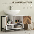 HOMCOM Under Sink Bathroom Cabinet, Rustic Under Sink Cabinet with Herringbone Doors and Open Compartment for Basin with or without Pedestal, 80 x 40 x 60cm, Cream White