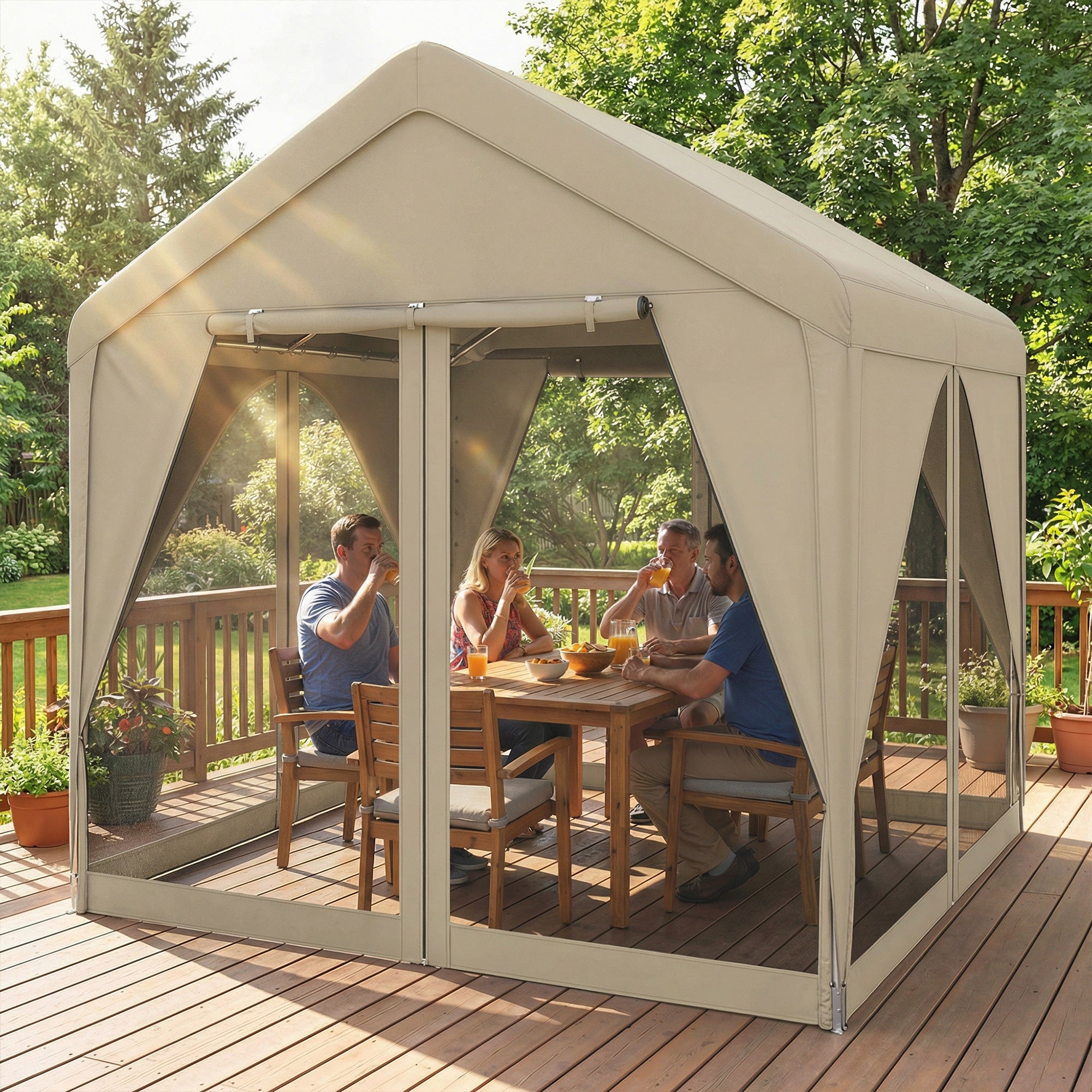 Outsunny 3 x 3 m Patio Gazebo with Netting & Curtains, Outdoor Canopy Shelter with Galvanised Steel Frame, Khaki