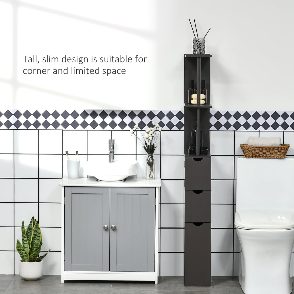 HOMCOM Tall Bathroom Cabinet, Freestanding Slim Bathroom Storage Cabinet with 2-Tier Open Shelf and 2 Drawers for Small Space, Narrow Cupboard Storage Unit, Brown