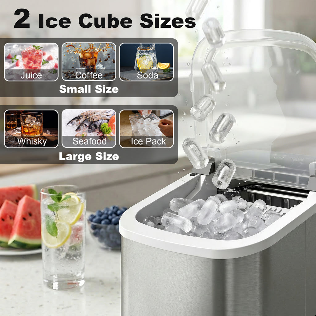 Ice Maker Machine Countertop, 9 Cubes Ready in 7 Mins, 12 KG in 24Hrs, 2 Sizes of Bullet, Self-Cleaning Ice Machine with Handle, Scoop & Basket for Home Kitchen Office RV, Stainless Steel