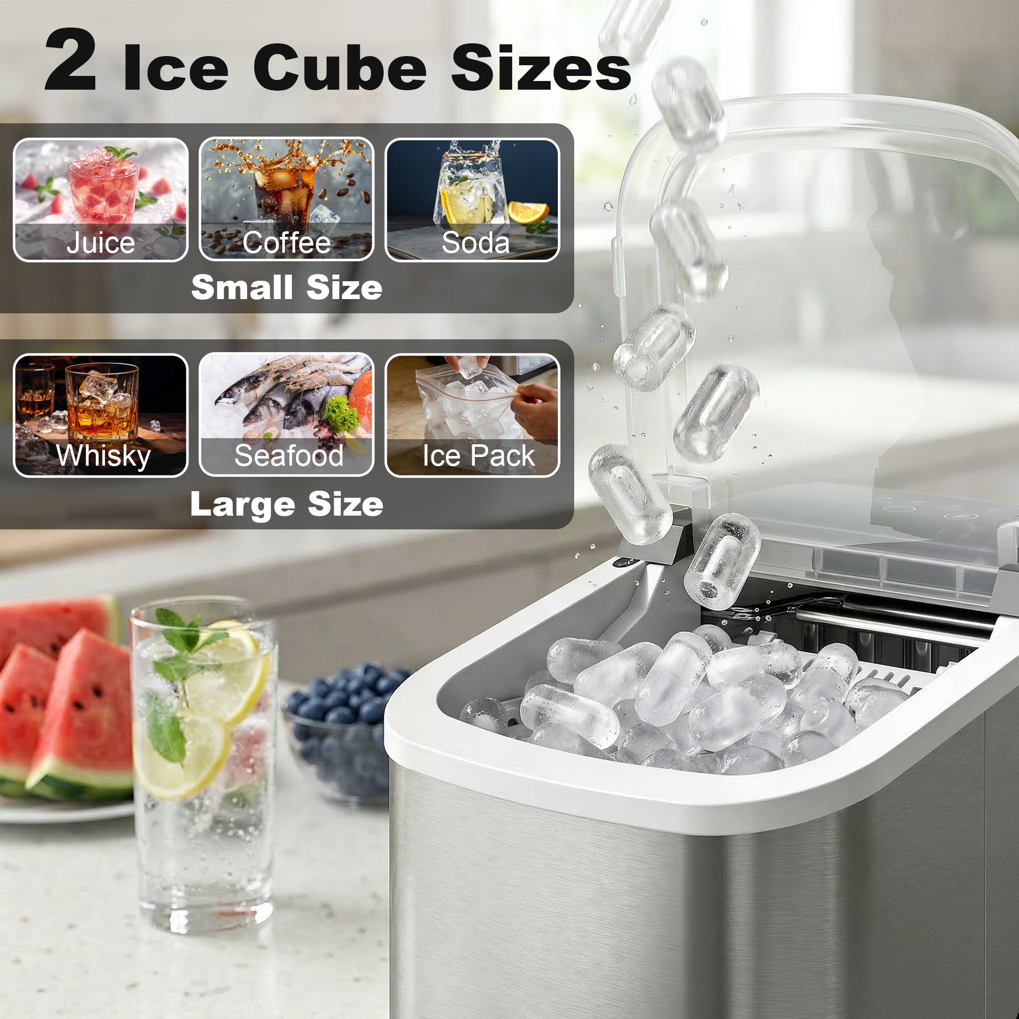Ice Maker Machine Countertop, 9 Cubes Ready in 7 Mins, 12 KG in 24Hrs, 2 Sizes of Bullet, Self-Cleaning Ice Machine with Handle, Scoop & Basket for Home Kitchen Office RV, Stainless Steel