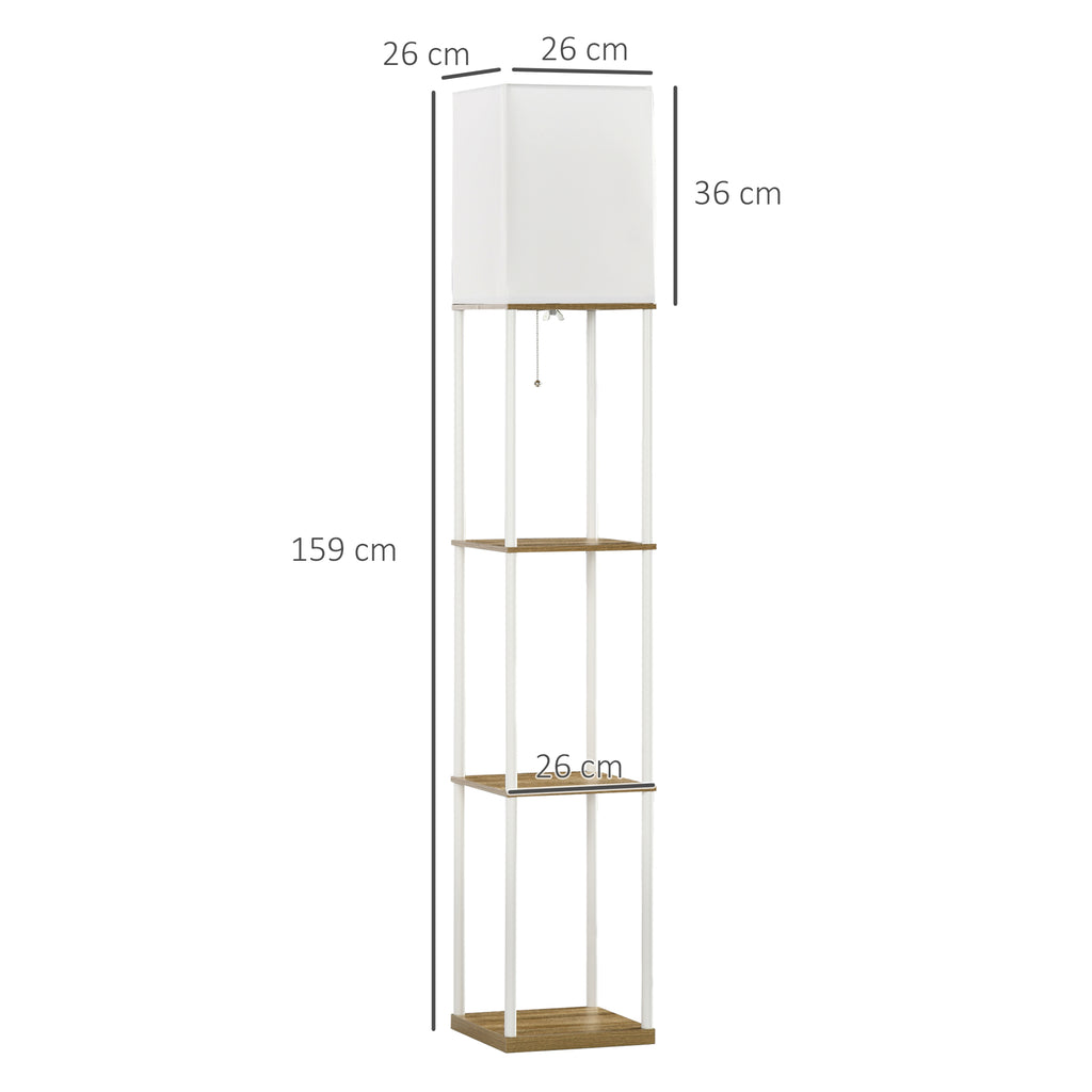Modern Metal Floor Lamp with Shelves, 3 Layer Shelf Tall Standing Lamp with Fabric Lampshade, Pull Chain Switch for Living Room, Bedroom, Bulb not Included, White