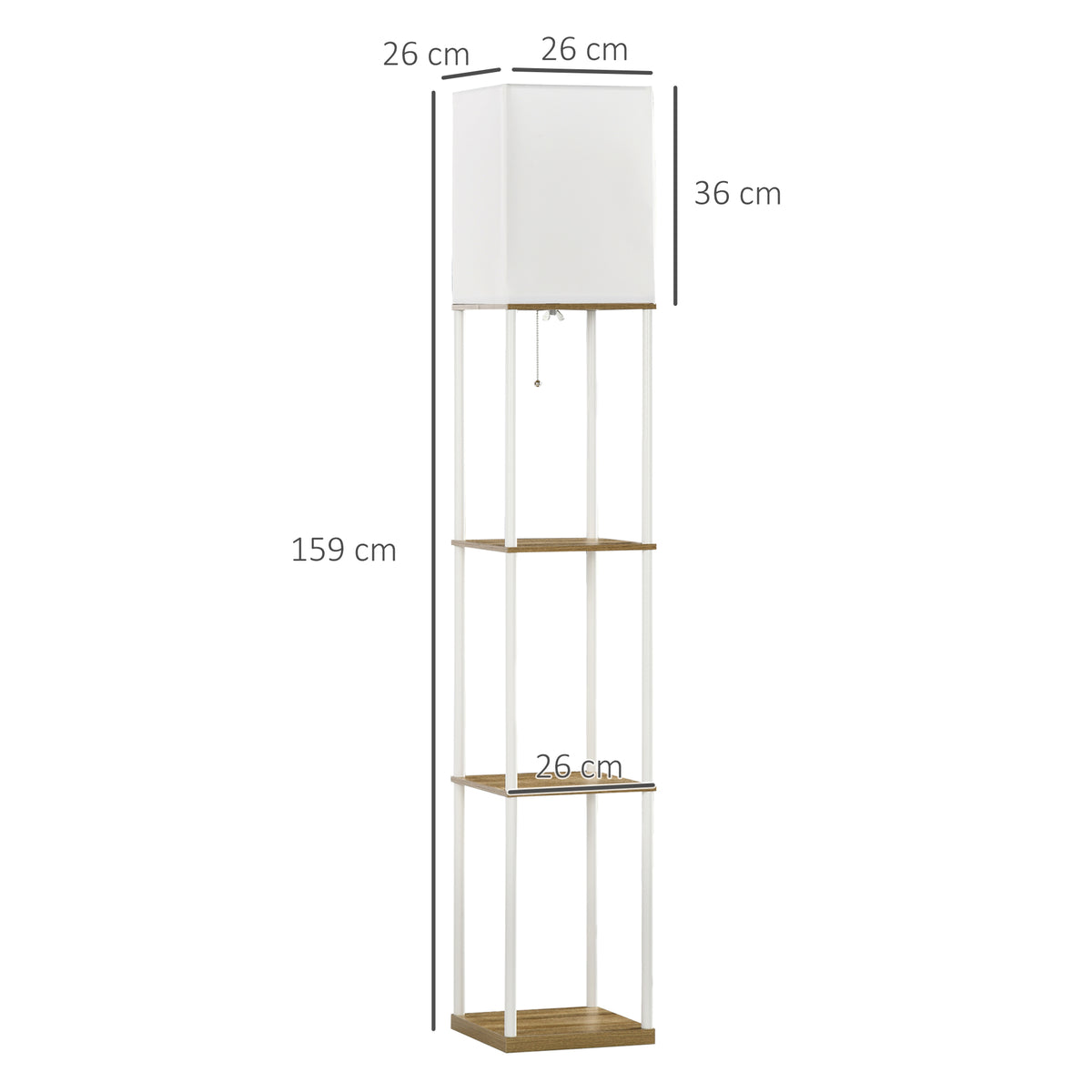 Modern Metal Floor Lamp with Shelves, 3 Layer Shelf Tall Standing Lamp with Fabric Lampshade, Pull Chain Switch for Living Room, Bedroom, Bulb not Included, White