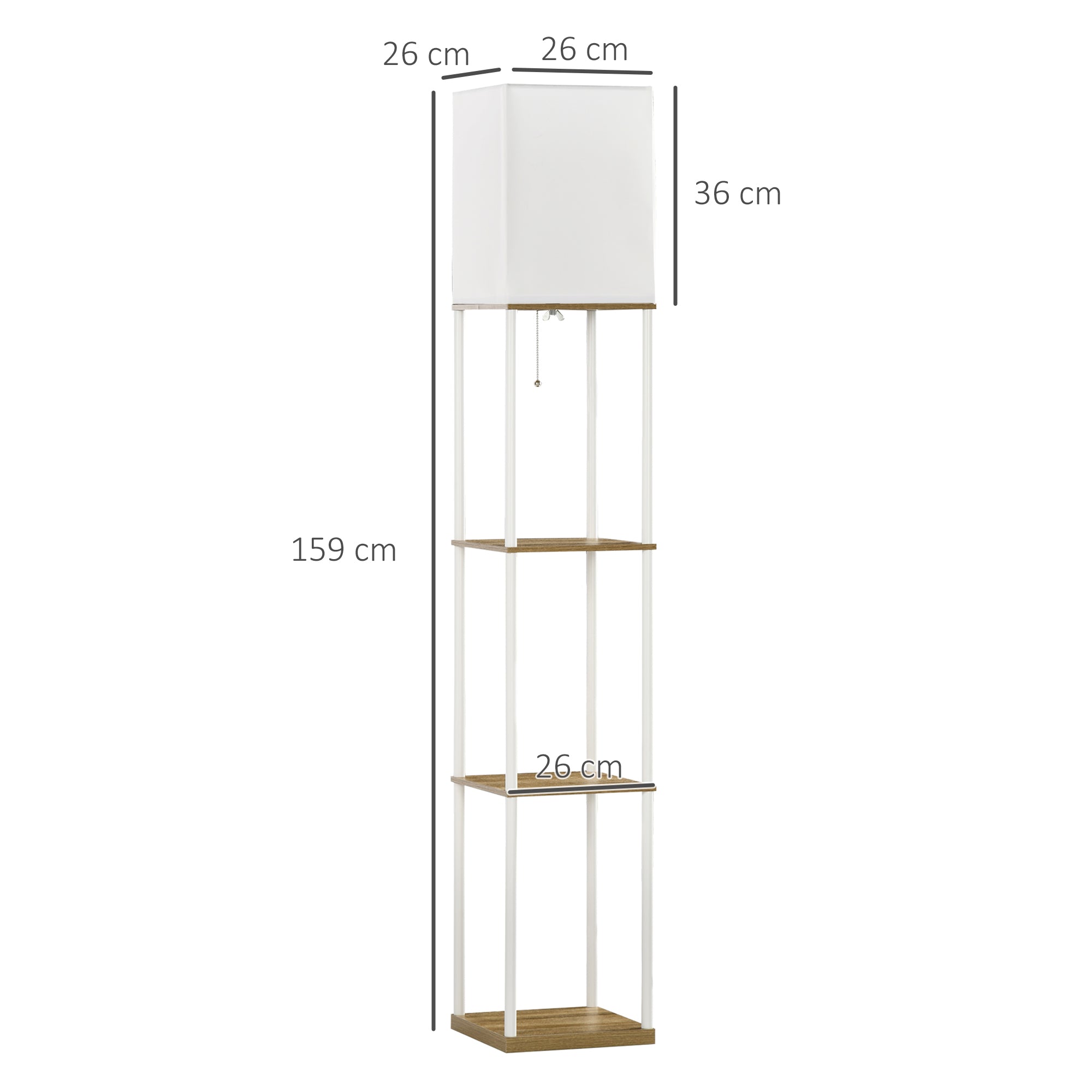 Modern Metal Floor Lamp with Shelves, 3 Layer Shelf Tall Standing Lamp with Fabric Lampshade, Pull Chain Switch for Living Room, Bedroom, Bulb not Included, White