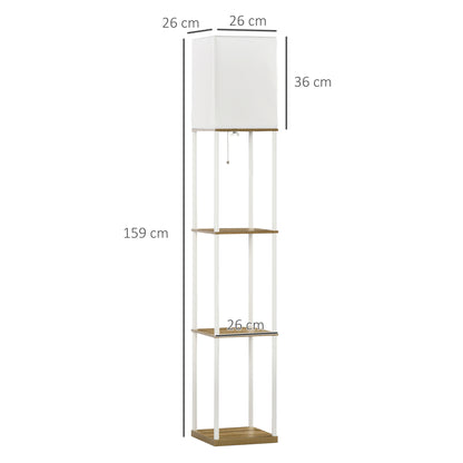 Modern Metal Floor Lamp with Shelves, 3 Layer Shelf Tall Standing Lamp with Fabric Lampshade, Pull Chain Switch for Living Room, Bedroom, Bulb not Included, White