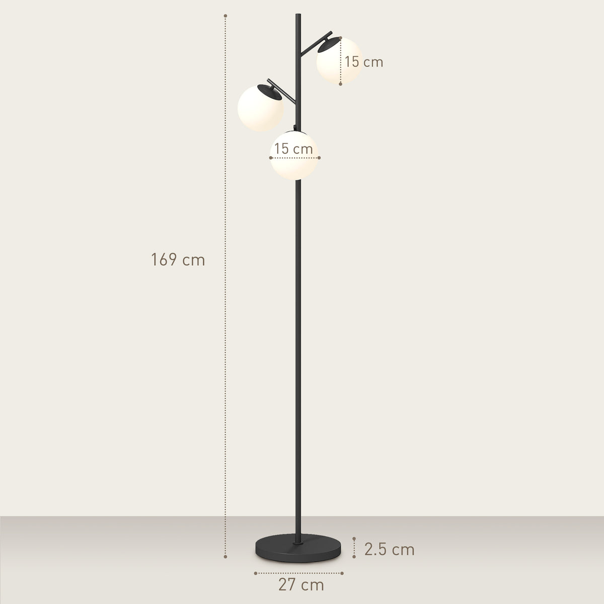 3-Light Tree Floor Lamps for Living Room, Modern Standing Lamp for Bedroom with Globe Lampshade, Steel Base, Bulb not Included, Black