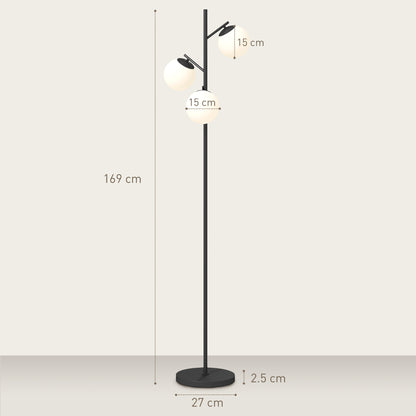 3-Light Tree Floor Lamps for Living Room, Modern Standing Lamp for Bedroom with Globe Lampshade, Steel Base, Bulb not Included, Black