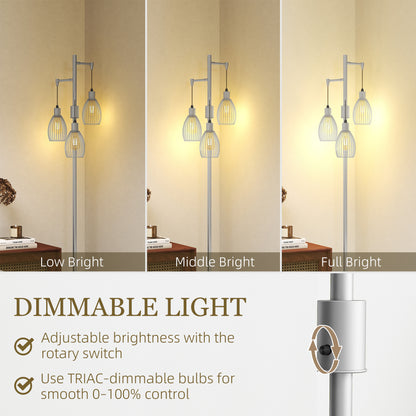 3-Light Floor Lamp, 170cm Industrial Dimmable Standing Lamp with Steel Wire Cage Lampshades for Living Room, Bedroom, Dining Room, Study, Bulb Not Included, Silver Tone