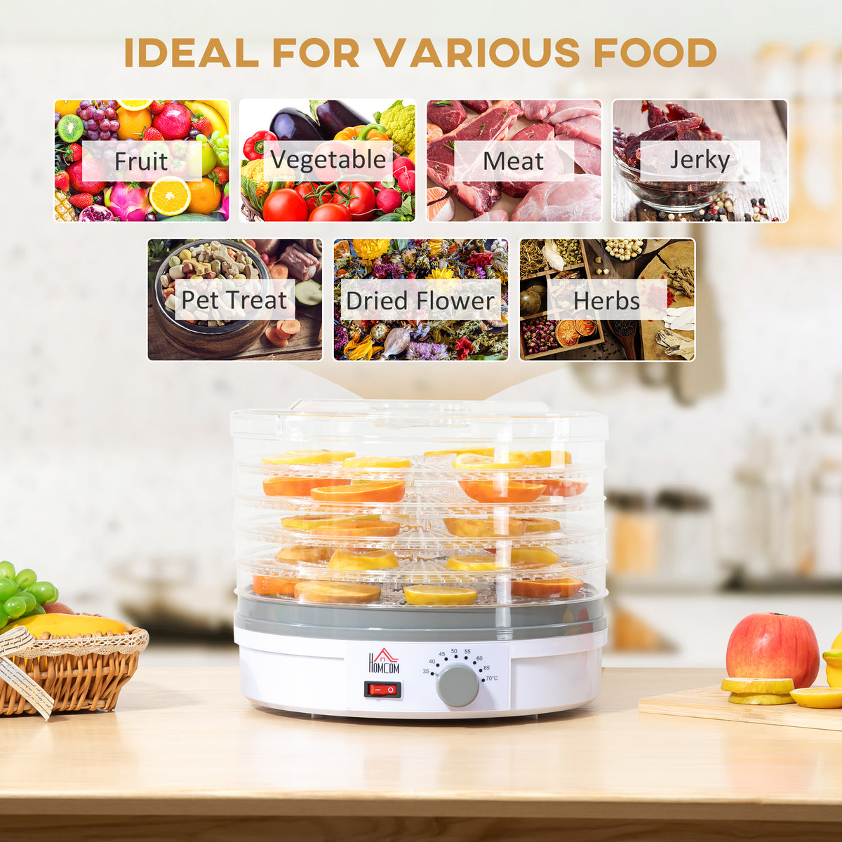 5 Tier Food Dehydrator, 245W Food Dryer Machine with Adjustable Temperature Control for Drying Fruit, Meat, Vegetable, Jerky and Pet Treat, White