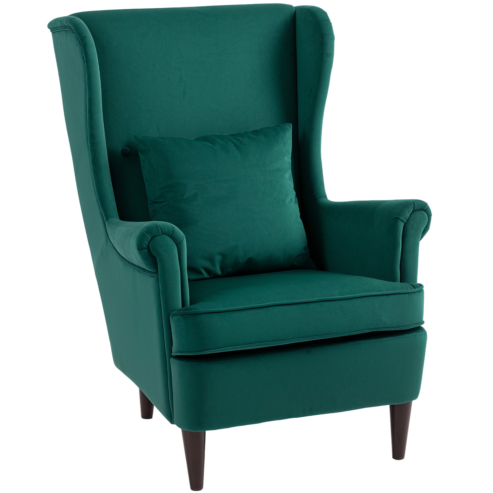 HOMCOM Modern Accent Chair with High Backrest and Pillow, Velvet-Feel Fabric Reading Chair with Solid Wood Legs, Green