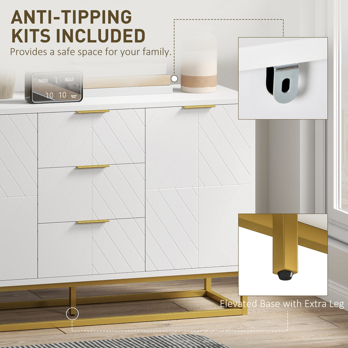 Sideboard with 3 Drawers and Adjustable Shelves for Living Room - White