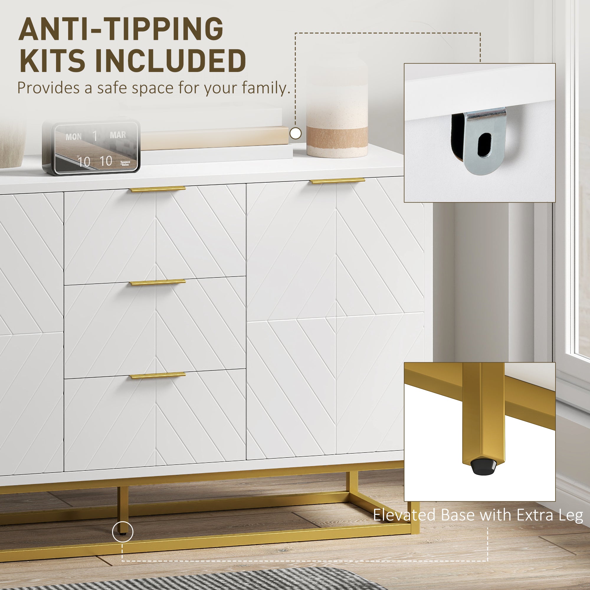 HOMCOM Sideboard with 3 Drawers and Adjustable Shelves for Living Room - White