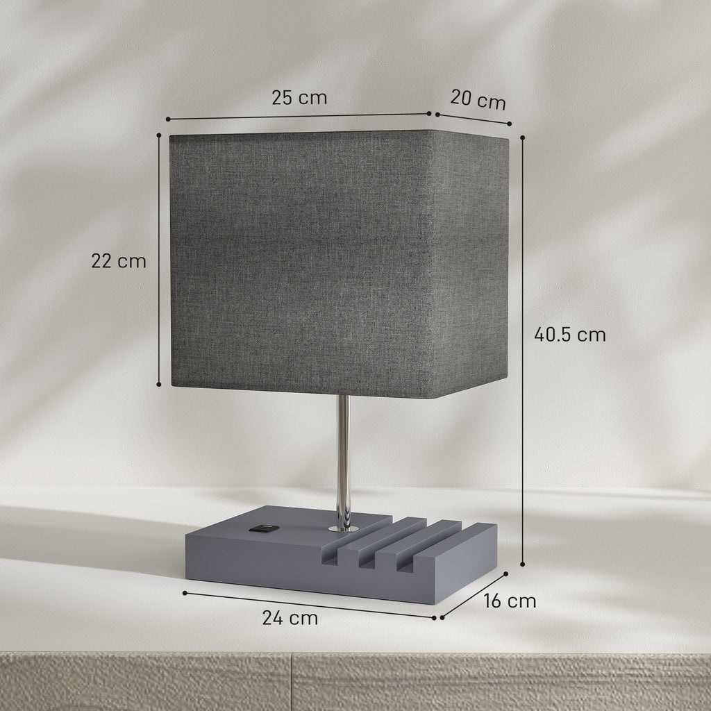 Bedside Lamp with USB A+C Charging Ports and 3 Phone Stands, Modern Table Lamp with Solid Wood Base and Fabric Shade for Bedroom Living Room Office, E27 Socket, Bulb Not Included, Grey