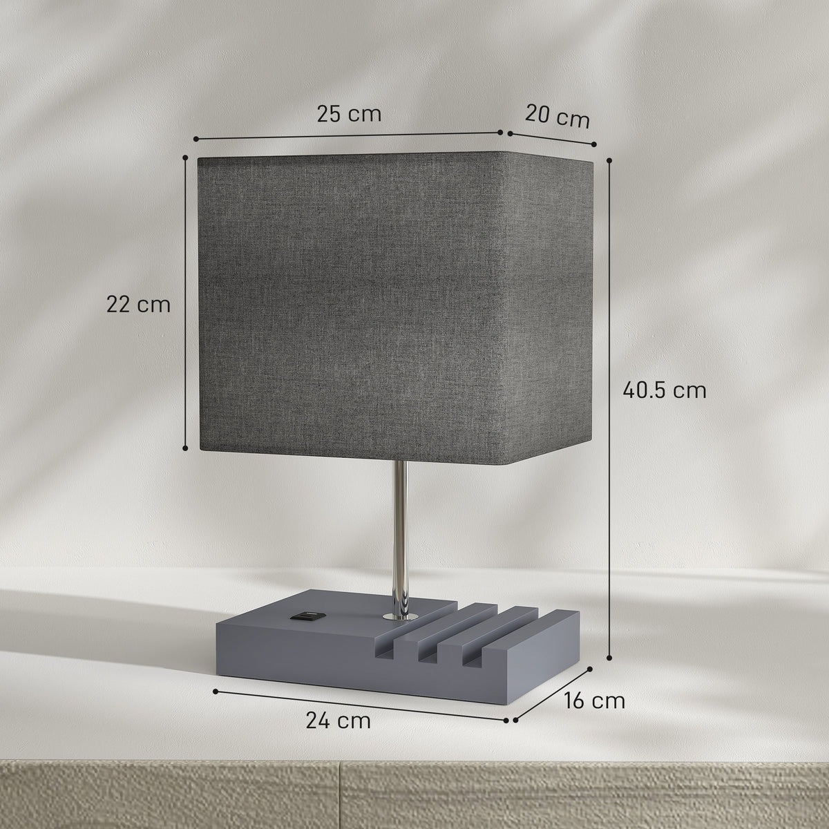 Bedside Lamp with USB A+C Charging Ports and 3 Phone Stands, Modern Table Lamp with Solid Wood Base and Fabric Shade for Bedroom Living Room Office, E27 Socket, Bulb Not Included, Grey
