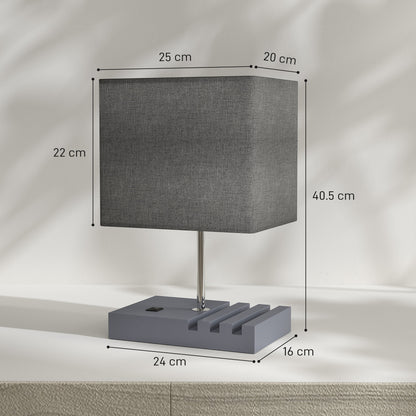Bedside Lamp with USB A+C Charging Ports and 3 Phone Stands, Modern Table Lamp with Solid Wood Base and Fabric Shade for Bedroom Living Room Office, E27 Socket, Bulb Not Included, Grey