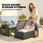 Outsunny Double Garden Rattan Daybed, Wicker Sun Bed Chaise Lounger with Storage Ottoman, 4-Level Adjustable Backrest, Dark Grey