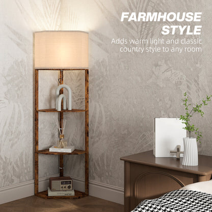Corner Floor Lamp with Shelves, Tall Standing Lamps for Living Room, with Pull Chain Switch Bulb not Included, Rustic Brown