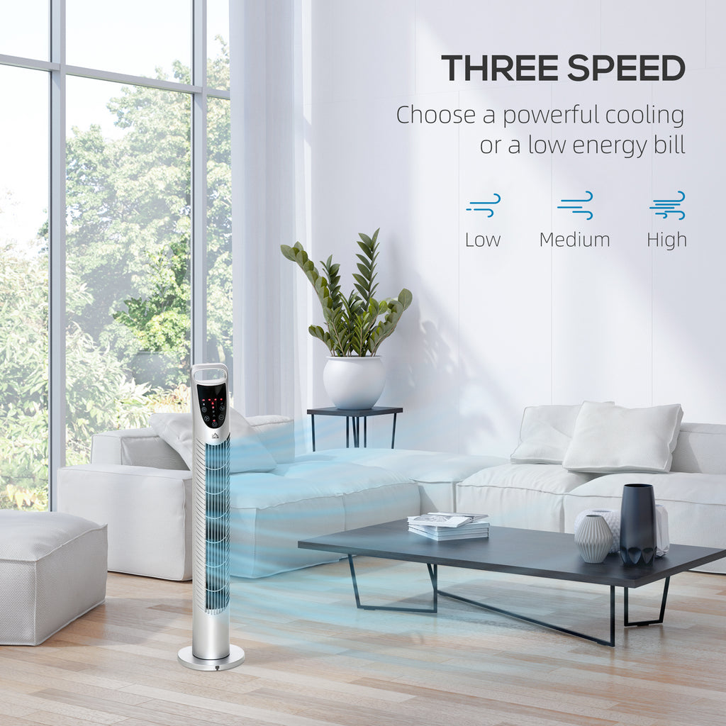 31 Inch Bladeless Oscillating Tower Fan with 70° Oscillation, Remote Control, 7.5H Timer, 3 Speed 3 Modes, Electric Floor Standing Cooling Fan for Home Bedroom Office, Silver