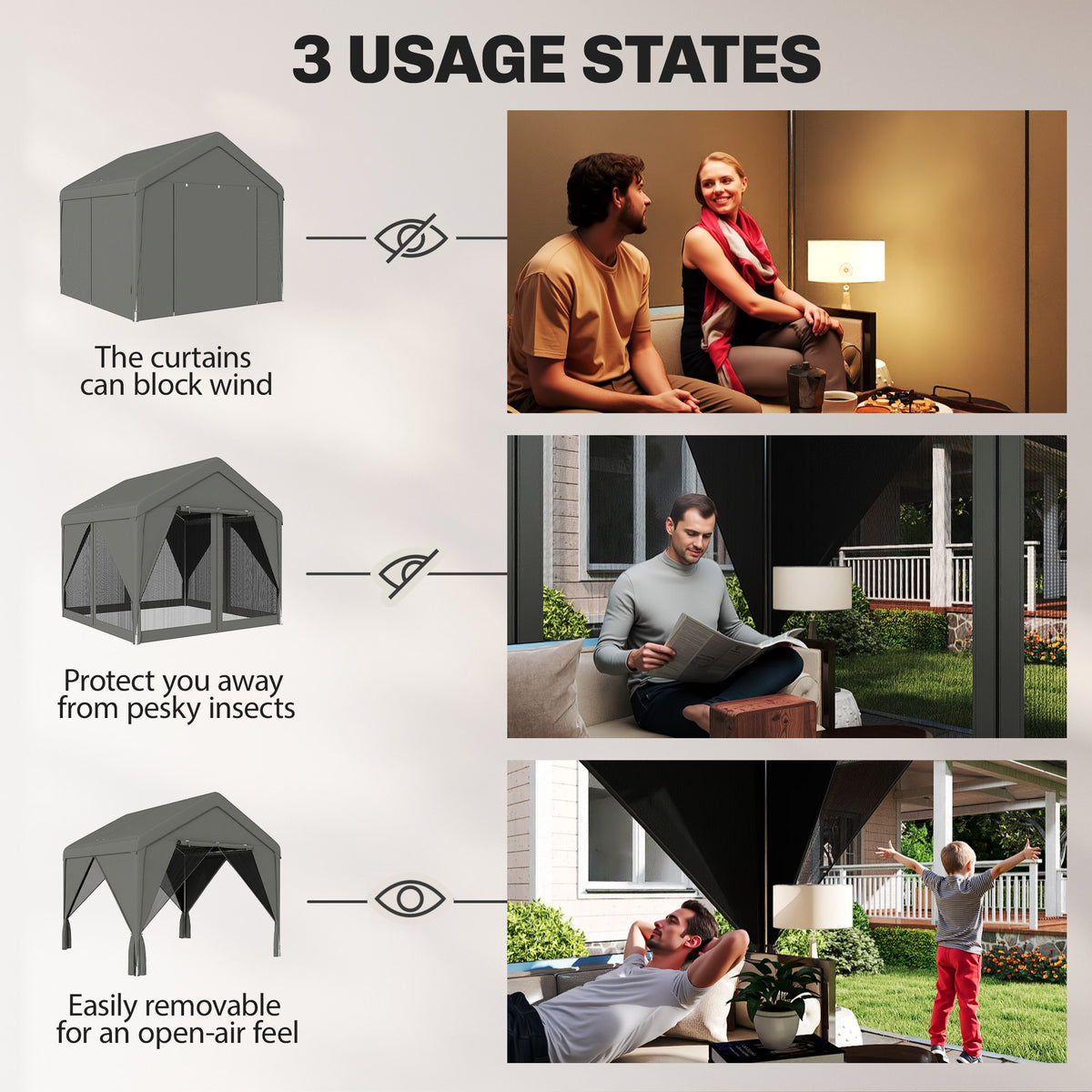 Outsunny 3 x 3 m Patio Gazebo with Netting & Curtains, Outdoor Canopy Shelter with Galvanised Steel Frame, Dark Grey