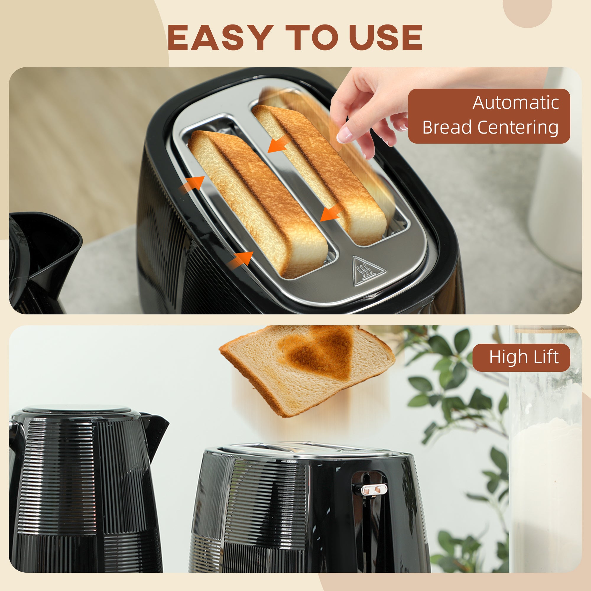 Kettle and Toaster Set, 1.7L 3000W Fast Boil Kettle & 2 Slice Toaster Kitchen Set with 7 Level Browning Controls, Defrost, Reheat, Boil-dry Protection, Black
