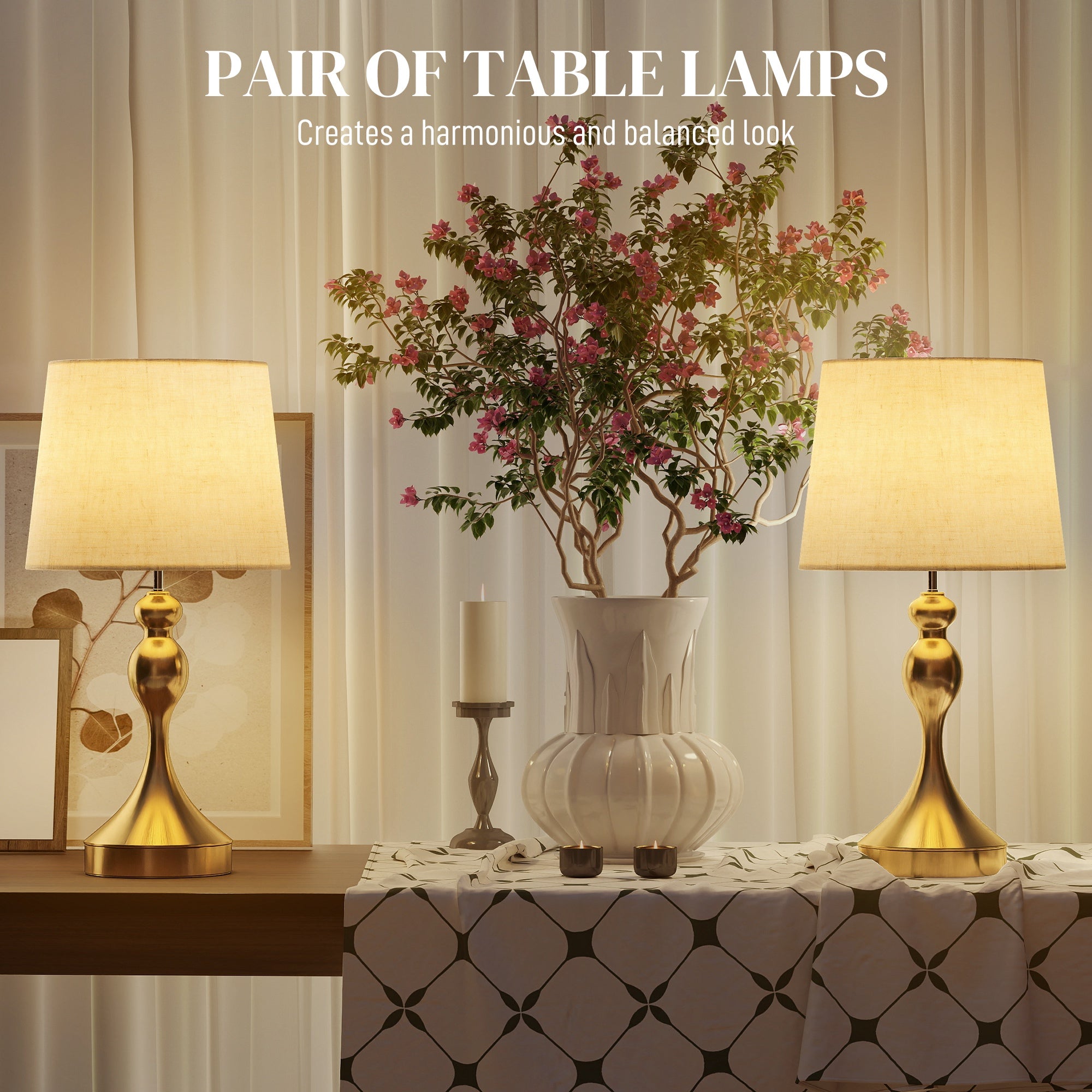 Set of Two Three-Colour Lamps, with USB Ports - Gold Tone