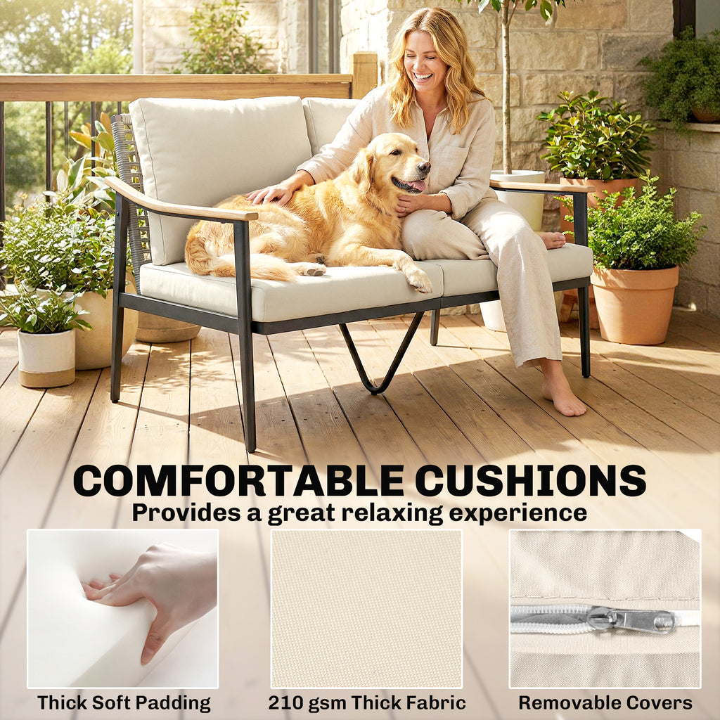 Outsunny 2 Seater Rattan Sofa, Outdoor Garden Sofa with Wood-Effect Armrests, Cushions for Patio, Balcony, Khaki