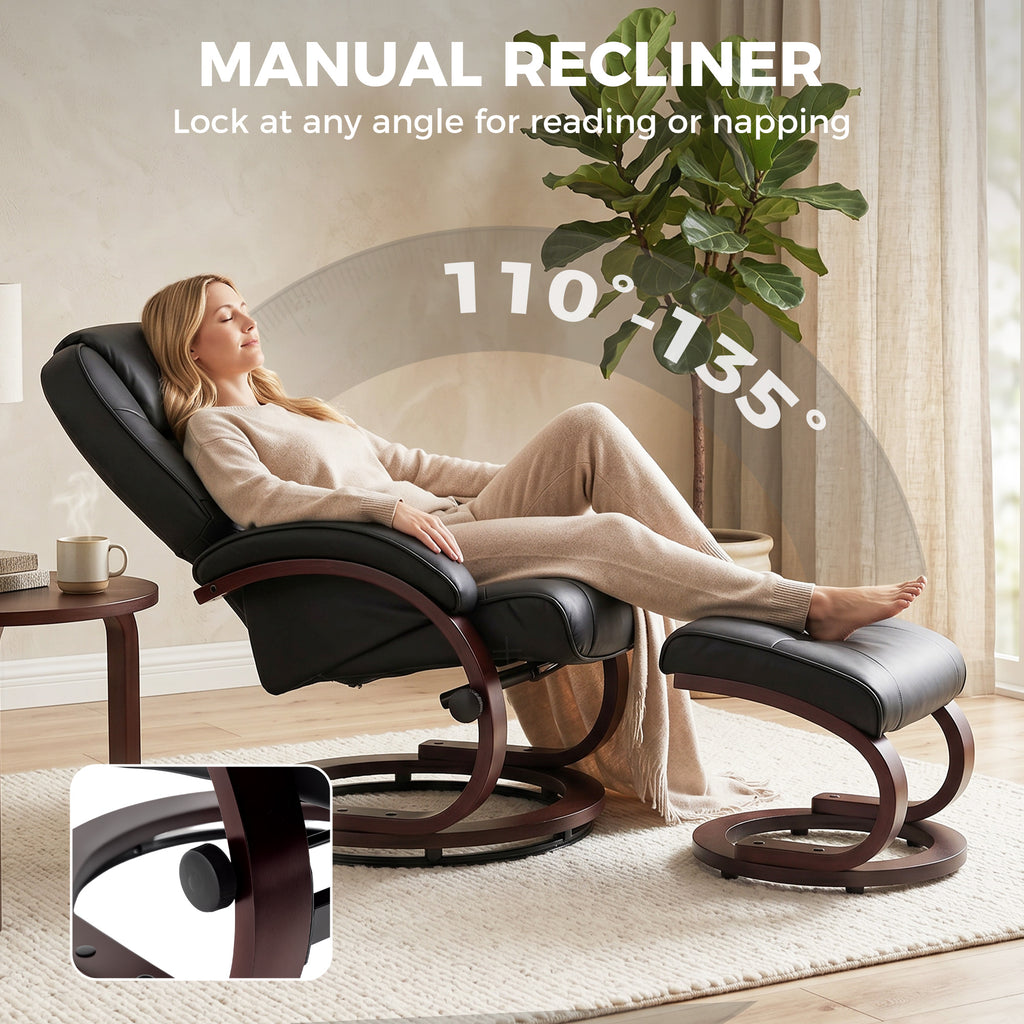 HOMCOM Swivel Recliner Chair with Footstool, PU Leather Recliner Armchair with Adjustable Back and Wood Frame, Black