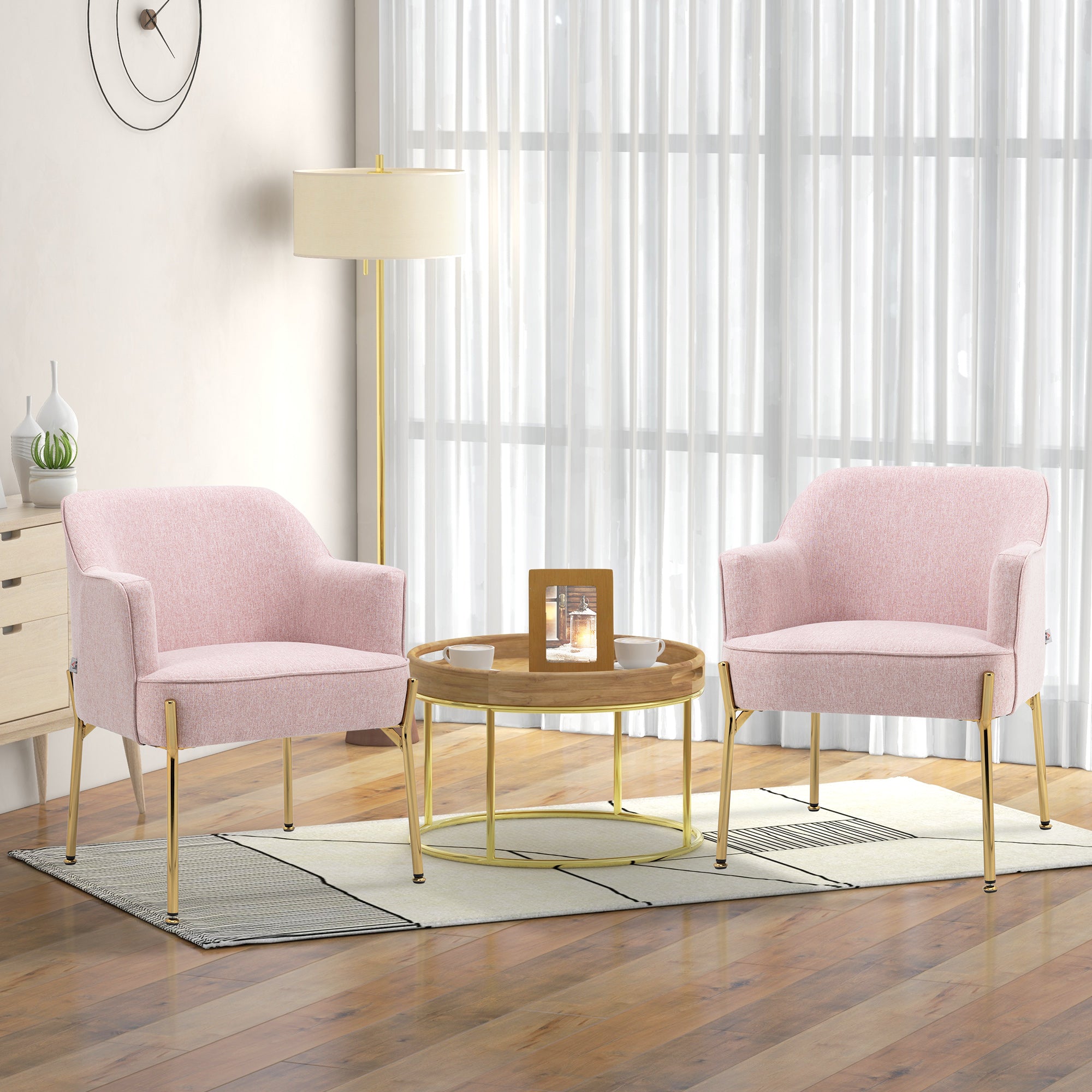 HOMCOM Accent Chair, Living Room Armchair, Vanity Chair with Gold Plating Metal Legs and Soft Padded Seat for Bedroom and Café, Set of 2, Pink