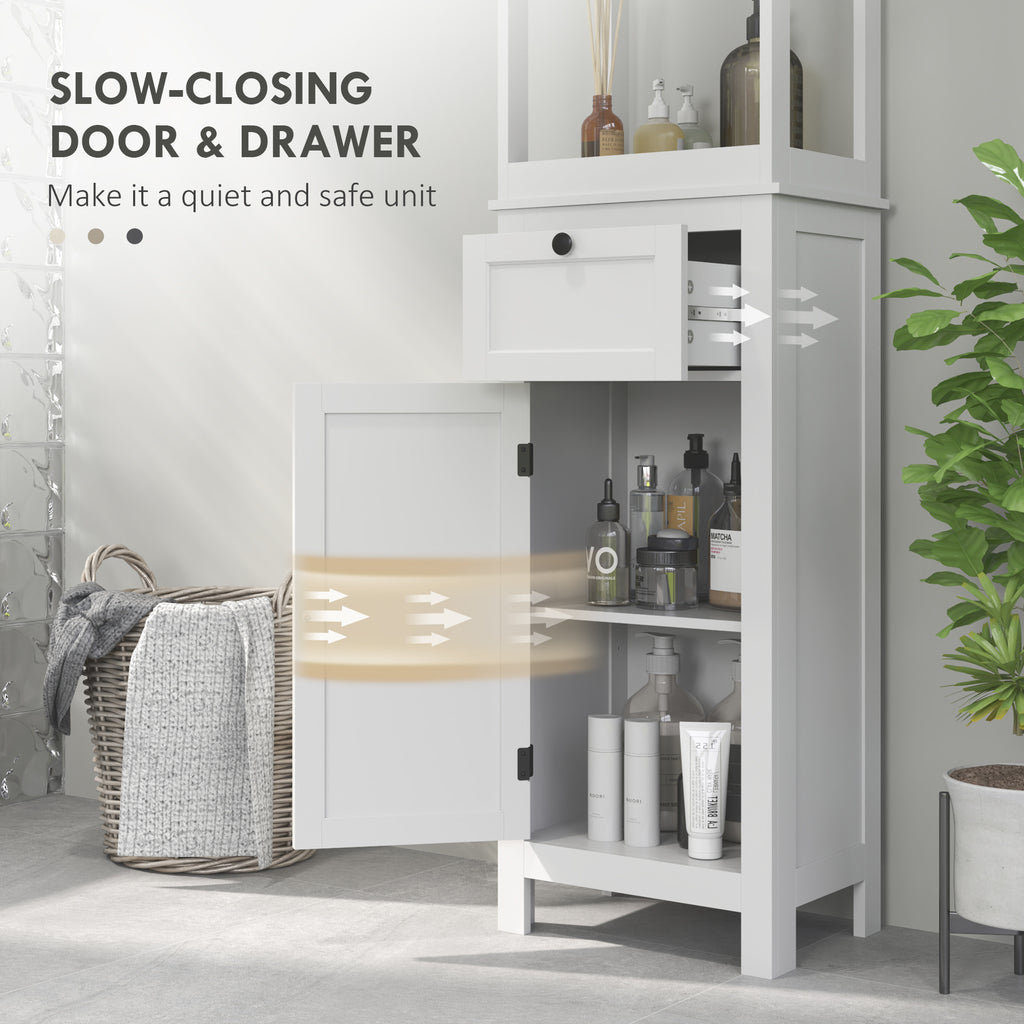 HOMCOM Tall Bathroom Cabinet, Slim Bathroom Storage Cabinet with 2 Open Shelves, Soft Close Door and Drawer, Adjustable Shelf, Narrow Cupboard Storage Unit, White