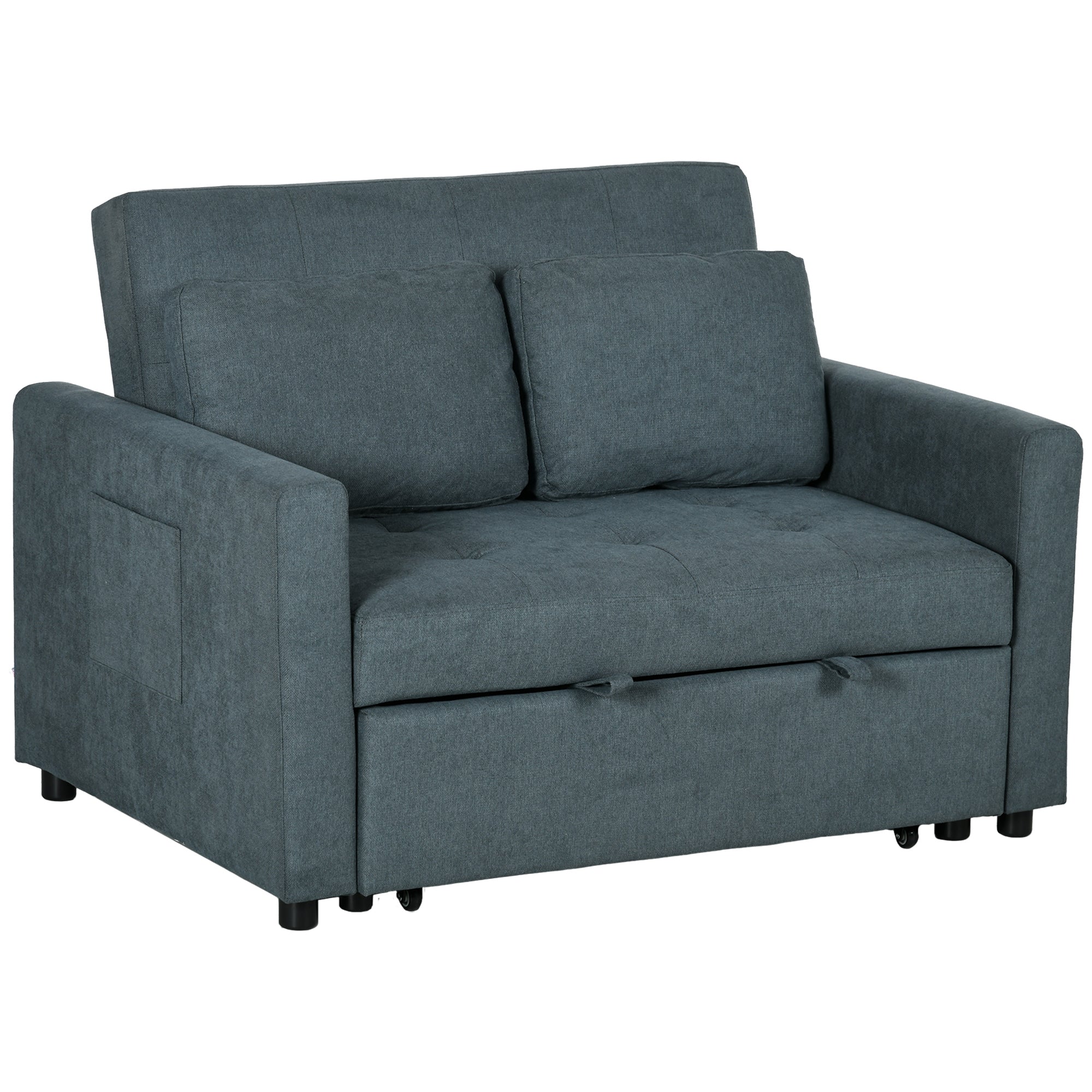 HOMCOM Loveseat Sofa Bed, Convertible Bed Settee with 2 Pillows, Side Pockets, Charcoal Grey
