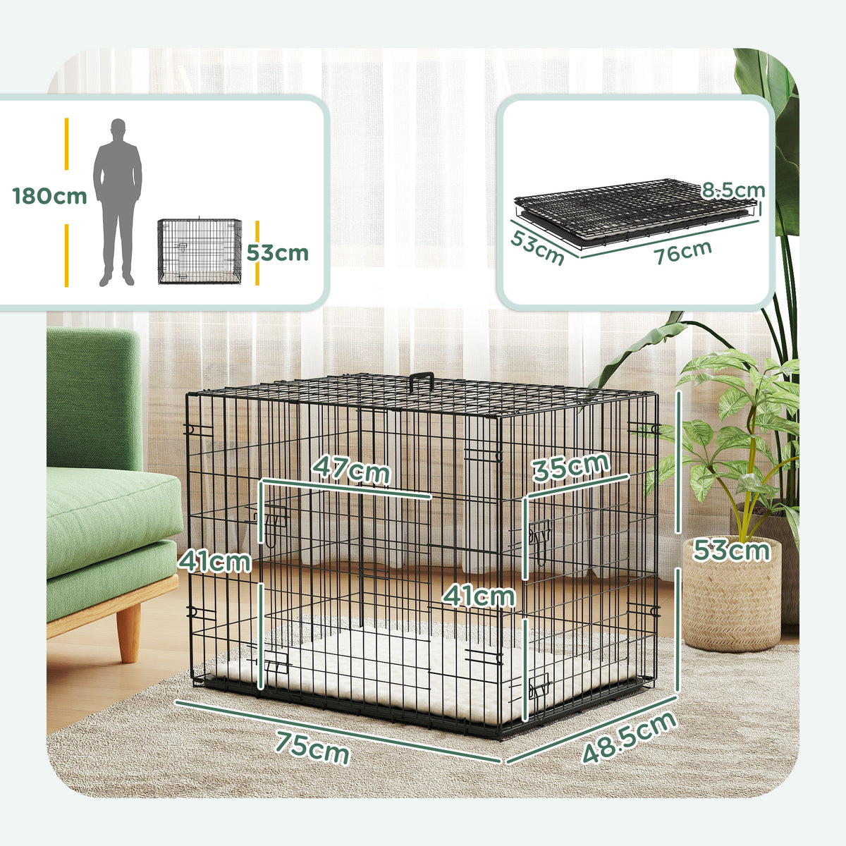 PawHut Foldable Dog Crate with 2 Doors with Tray, Soft Cushion, for Small Dogs, 75 x 49 x 53 cm, Black