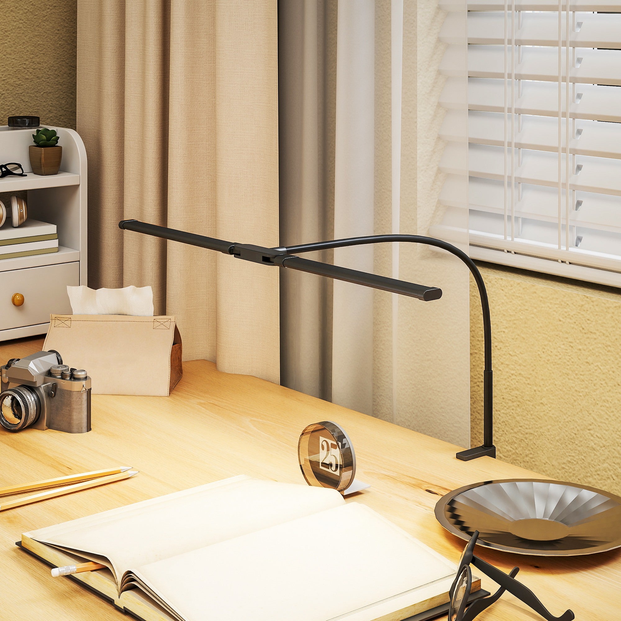 LED Desk Lamp with Clamp, Double Head Table Lamp with 3 Colour Modes & 10 Brightness Levels, Flexible Gooseneck Reading Desk Light with Timer and Memory Function for Study, Office, Work, Black