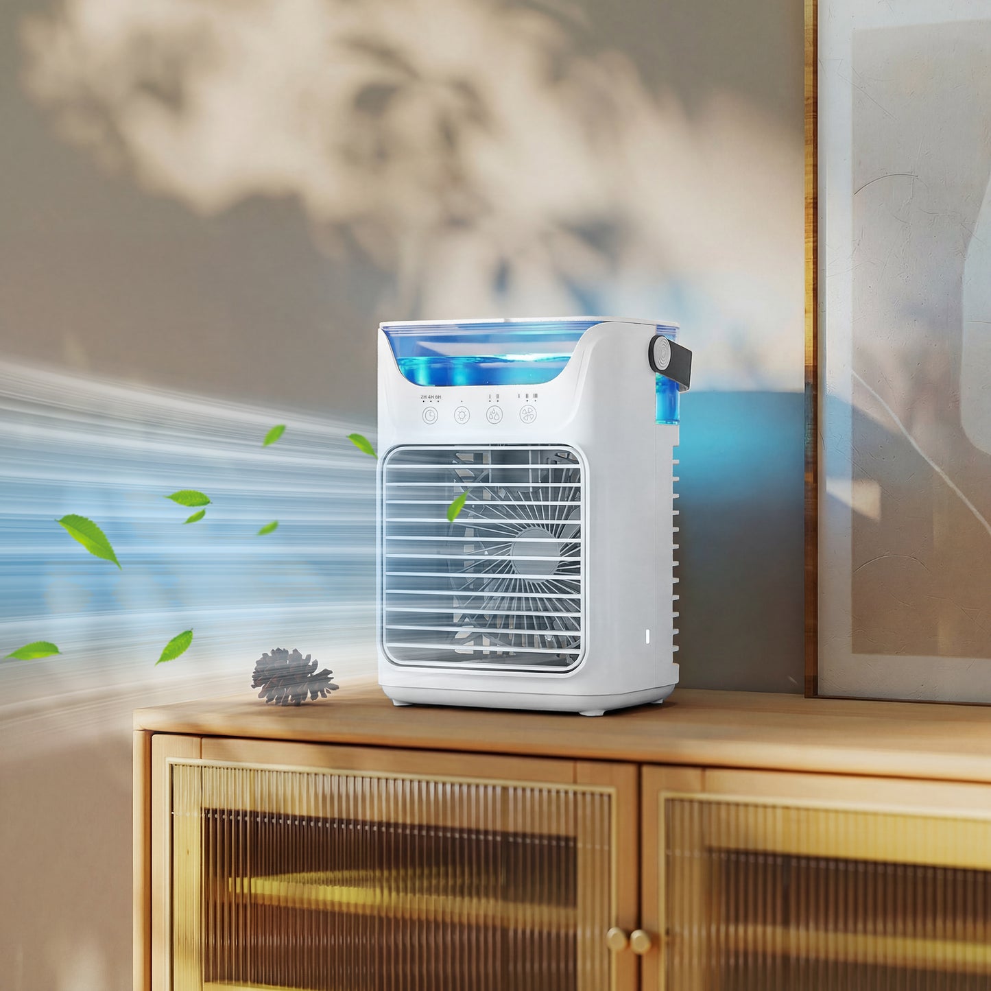 Air Cooler with Adjustable Head, Portable Air Conditioner with 3 Wind Speed, 2 Cool Mist, RGB Light, White