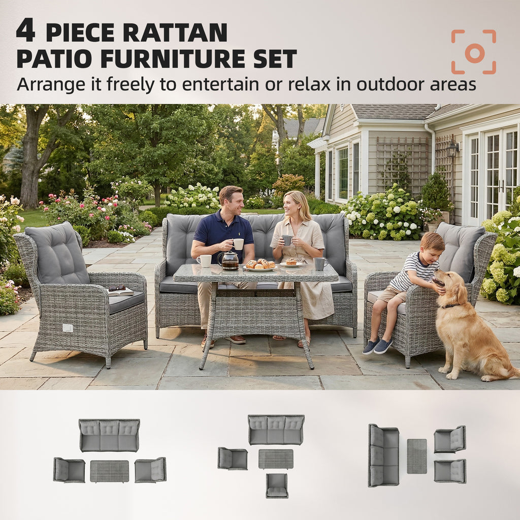 Outsunny 5 Seater Rattan Garden Furniture Set with Sofa, Reclining Chairs, Table, Patio Rattan Furniture Sofa Sets, Grey