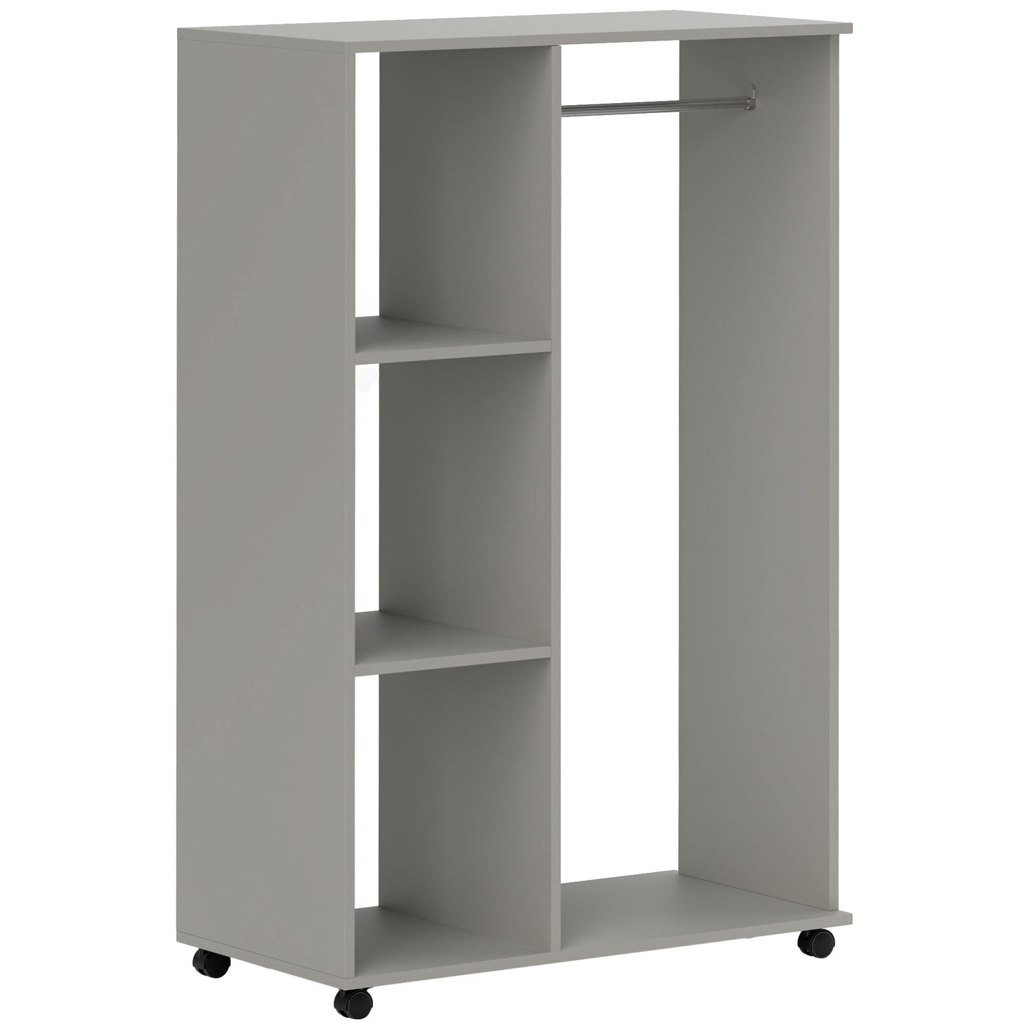 Open Wardrobe on Wheels, Bedroom Wardrobe with Clothes Hanging Rail, 3 Storage Shelves, Mobile Garment Rack for Cloakroom, Hallway, Grey