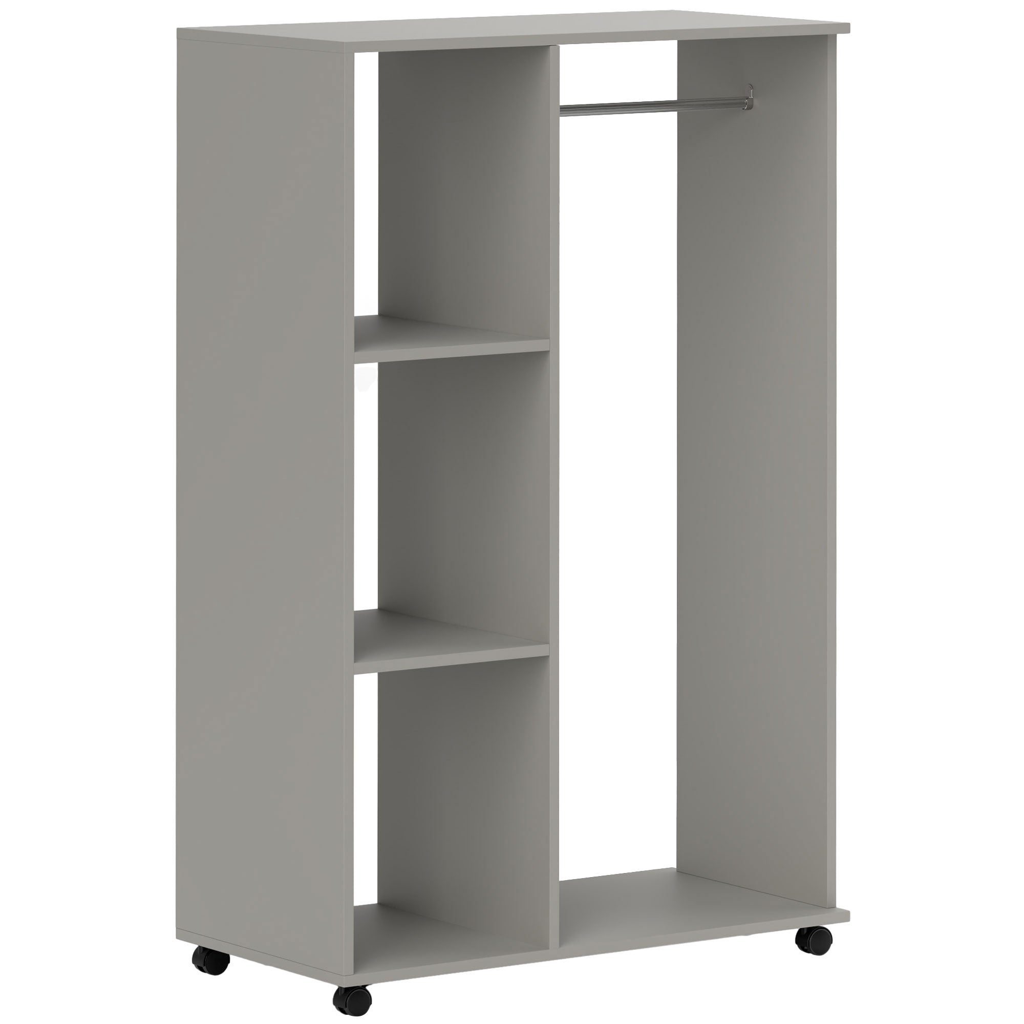 Open Wardrobe on Wheels, Bedroom Wardrobe with Clothes Hanging Rail, 3 Storage Shelves, Mobile Garment Rack for Cloakroom, Hallway, Grey